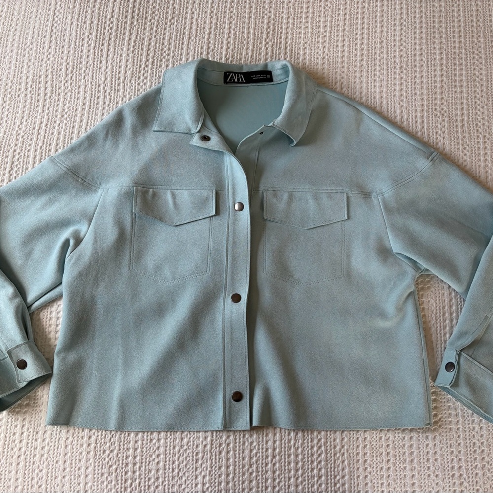 Zara Pale Blue Relaxed Snap-Front Faux Suede Jacket